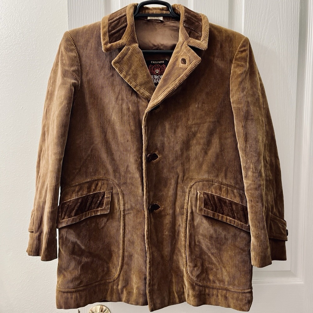 Vintage‎ 70s Europe Craft Corduroy Car Coat Mens 38 Brown Yugoslavia Suede Trim